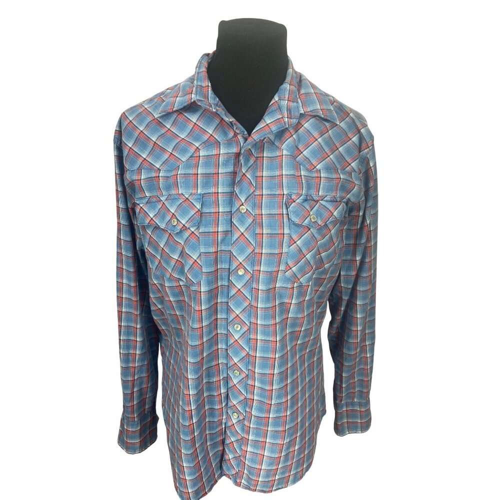 Men's Blue Red Plaid Wrangler Shirt White Pearl Snap Closure Long Sleeve Cowboy